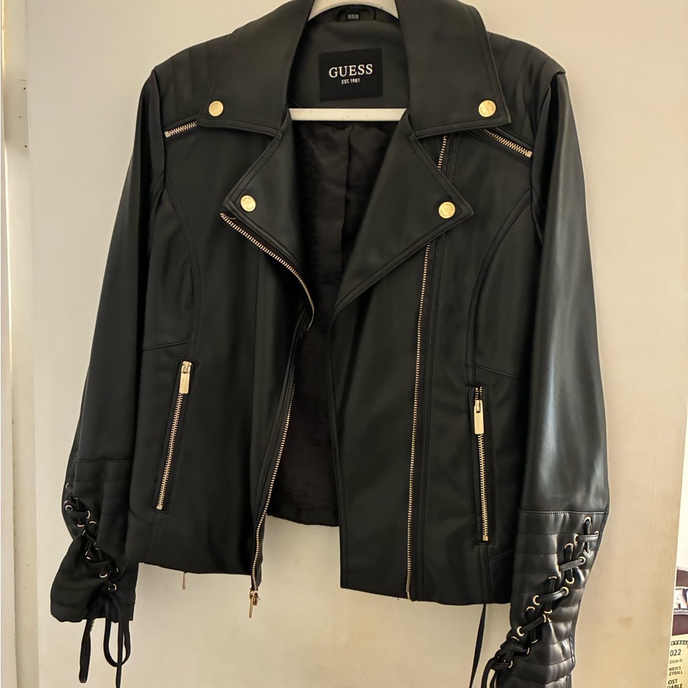 GUESS Black Leather Jacket with Gold Accents